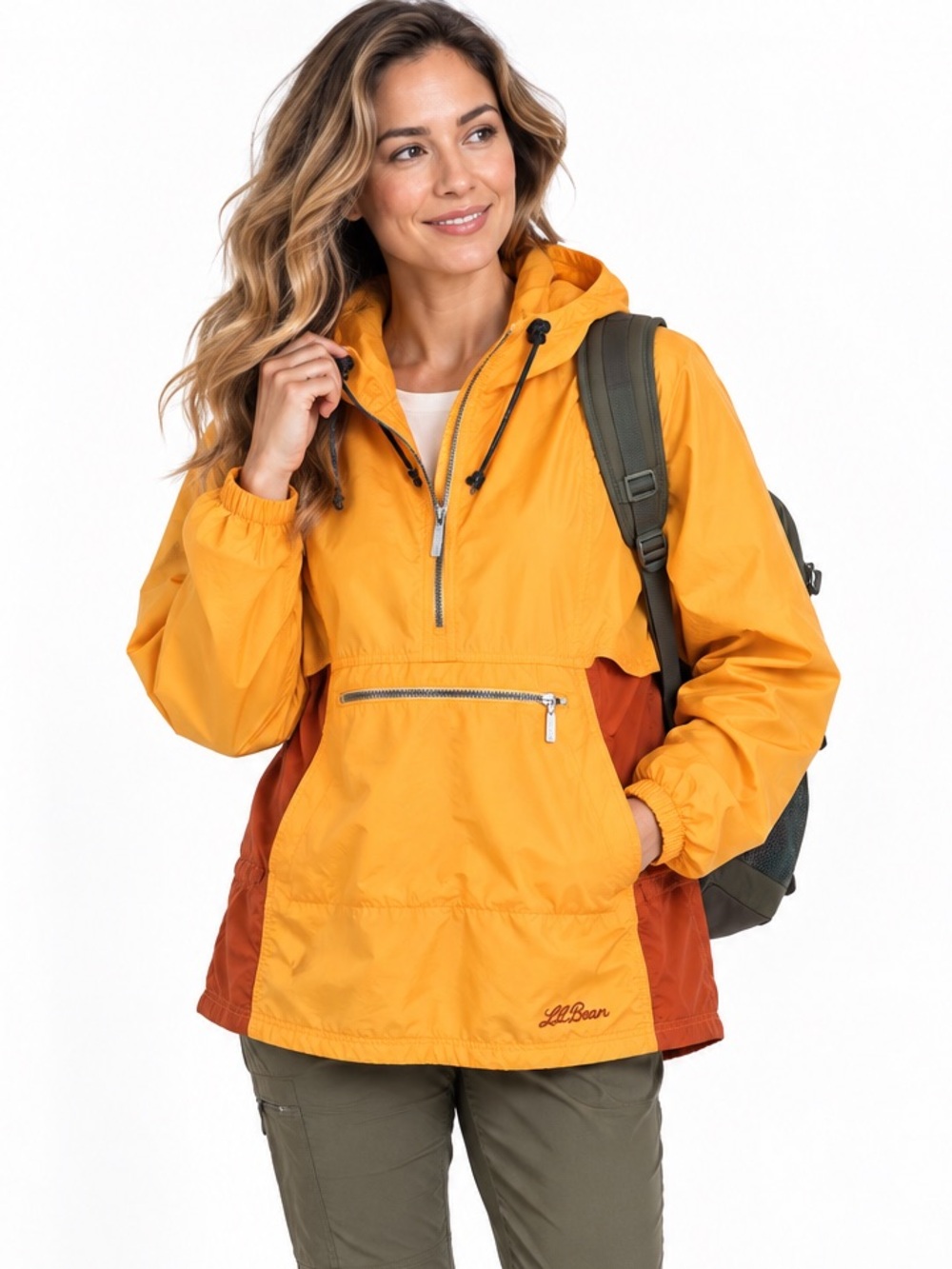 Vintage 90s LL Bean Nylon Anorak L Orange Yellow Colorblock Packable Gorpcore